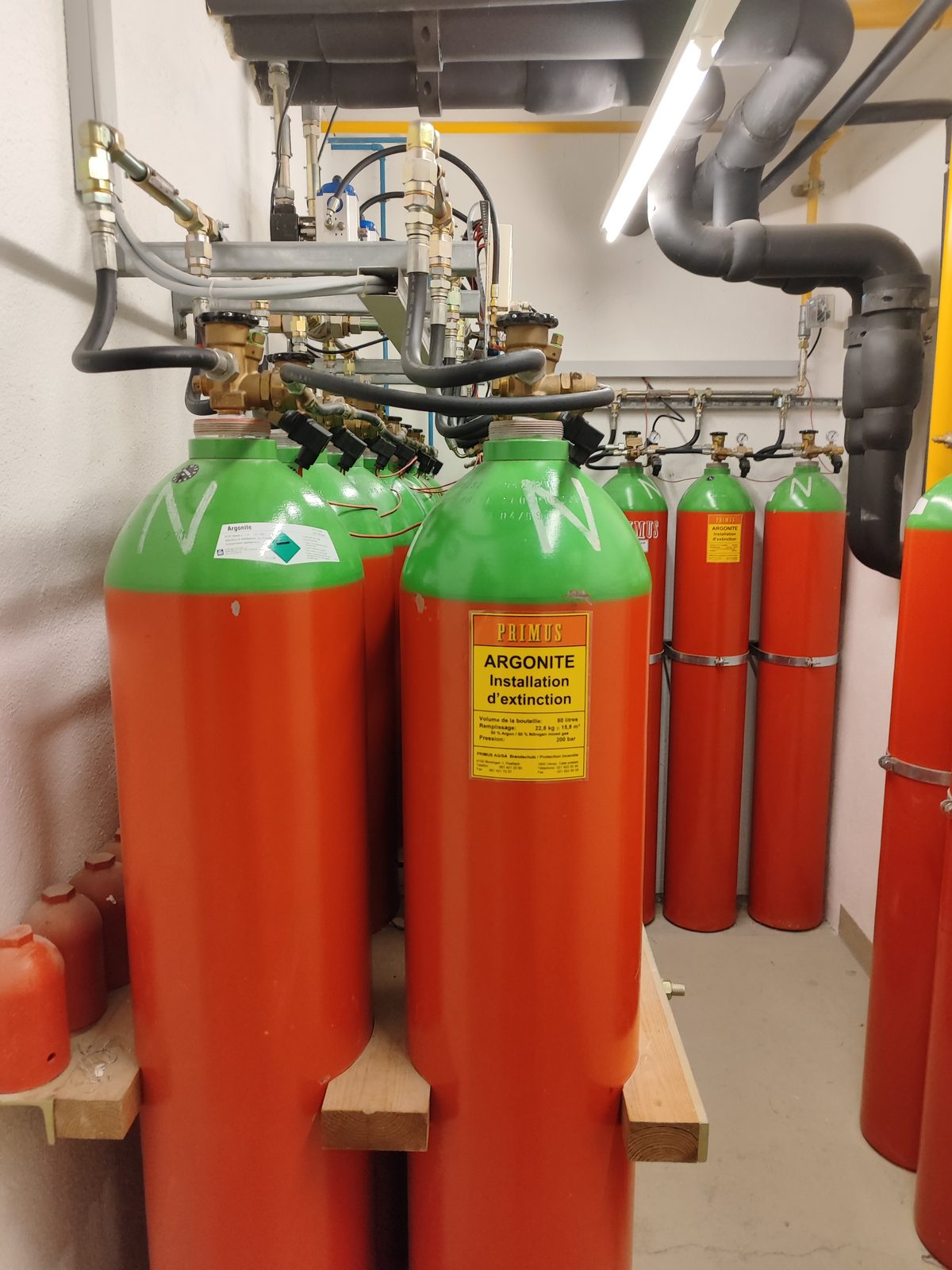 Argonite fire suppression gas cylinders in the AlpineDC datacenter in Lausanne
